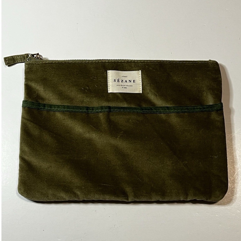 Sezane Olive Green Velvet Zippered Clutch Bag Pouch NWOT